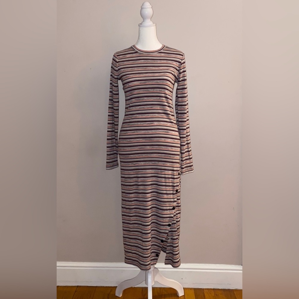 wild fable Long Sleeve Midi Dress — Brown, Black, Cream Stripes